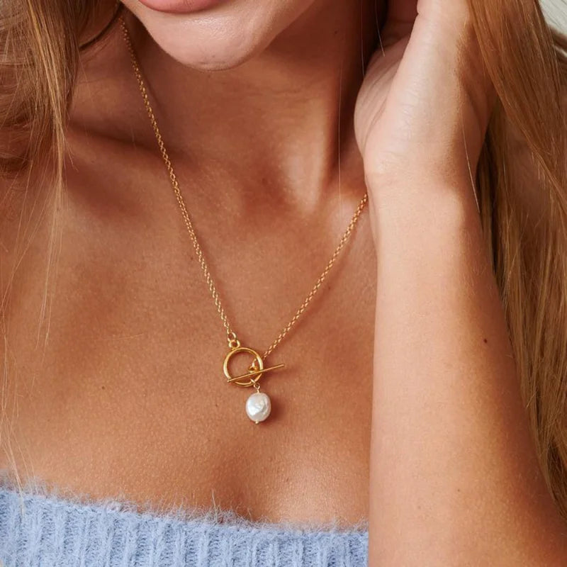 Gold Filled Chain Necklace with Mini Toggle Closure , Silver Pearl Pendant Layering Necklaces, Jewelry Gift for Her