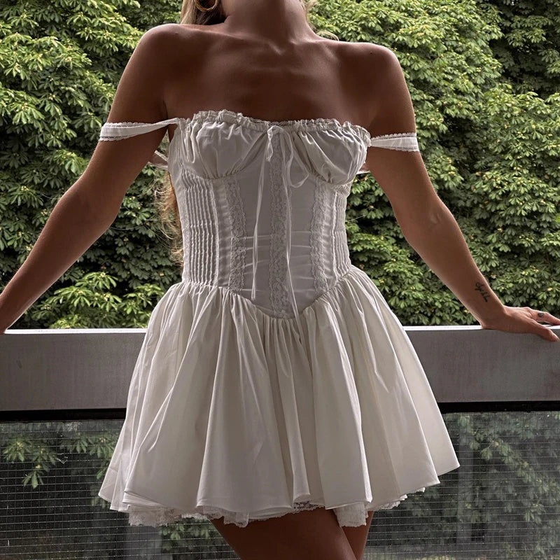 WhereMery Elegant Women Aesthetic  Pleated Mini Dress Y2K White Sleeveless Square-neck Lace-up Off Shoulder Spring Party Dresses