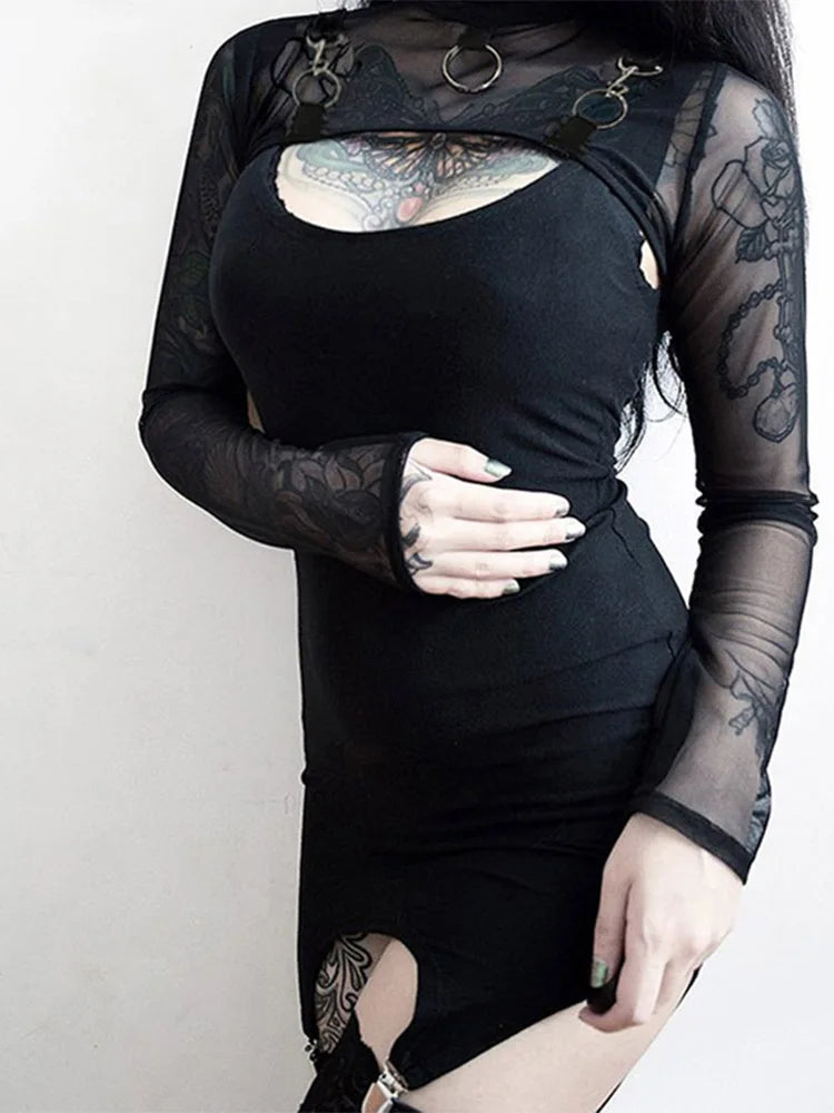 Women T-Shirt elegant Hip Hop Gothic Lady Micro Short Metal Chain Lace See-through Mesh Long Sleeve Turtleneck Hot Tops