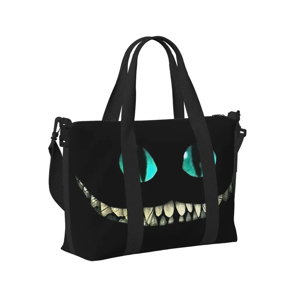 Geantă de plajă personalizată cu pisica Cheshire pentru femei, cu compartiment mare pentru sală și plajă, We're All Mad Here Cat