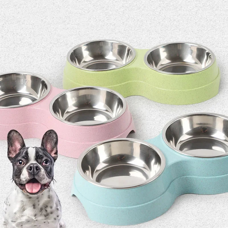 Dual pet bowl dog food water dispenser dual-purpose stainless steel pet water dispenser type cat and puppy feeding supplies