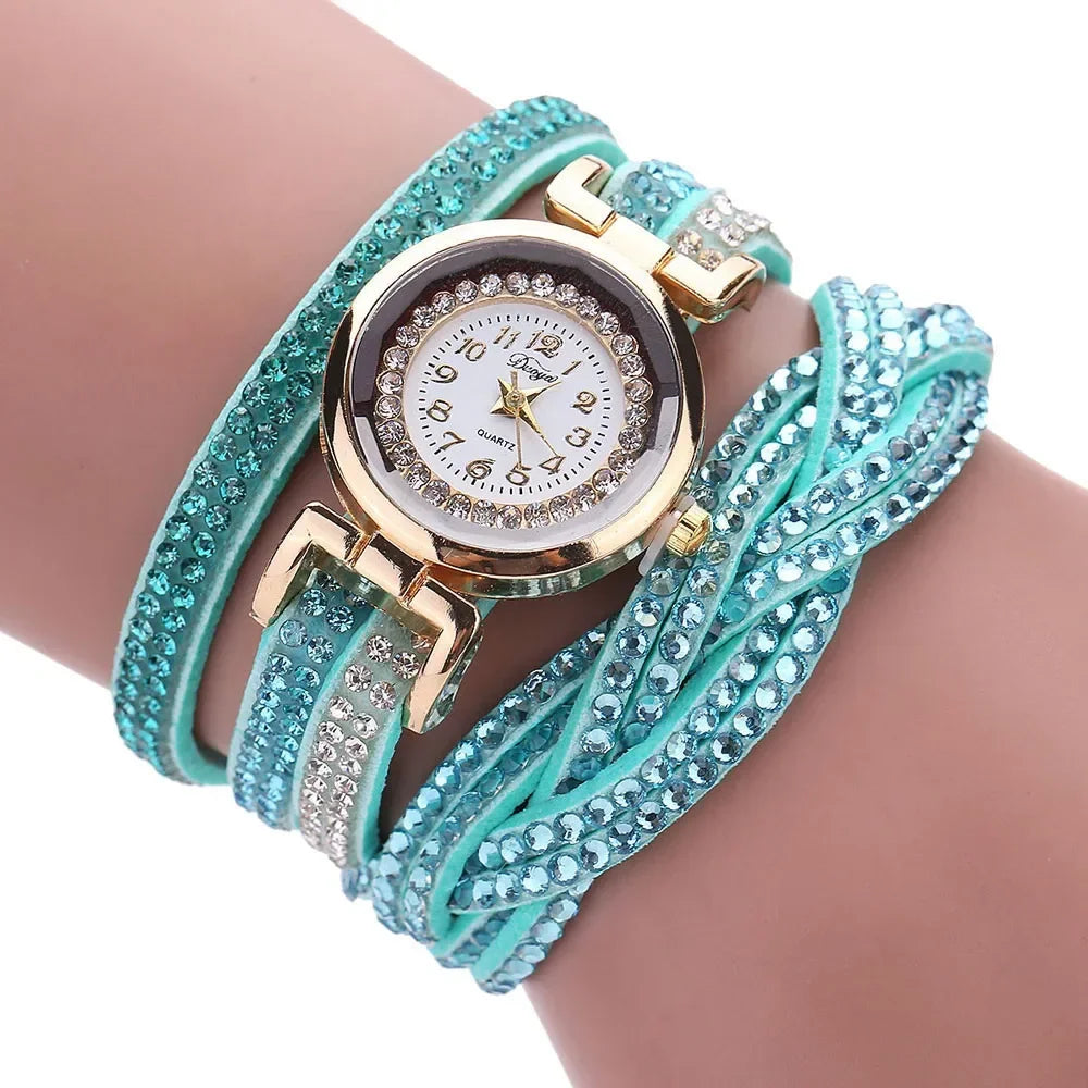 Damen-Uhr 2025: MOONBIFFY Fashion Casual Gold Quartz Women Rhinestone Watch - Braided Leather Bracelet Watch Gift Ladies Wristwatch Relogio Feminino Gift Collection
