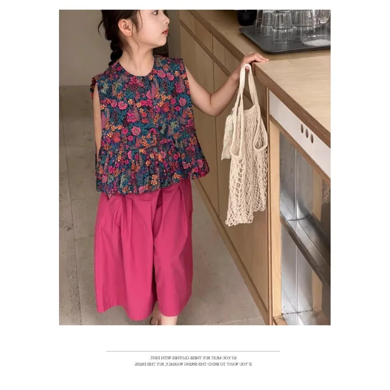 New Summer Infant Baby Girl 2PCS Clothes Set Cotton Floral Print Sleevelss T-shirt Suit Solid Soft Wide Leg Pant Kid Girl Outfit