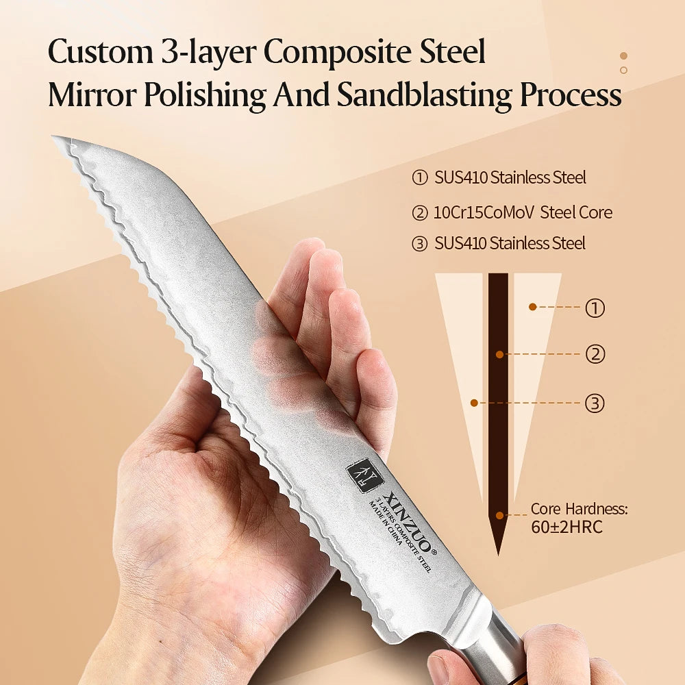 XINZUO 1-5pcs Knife Set Pakkawood Handle Nails 3-layer Clad Steel 60±2 HRC 15°±1 Per Side Kitchen Accessory Tools Best Gift