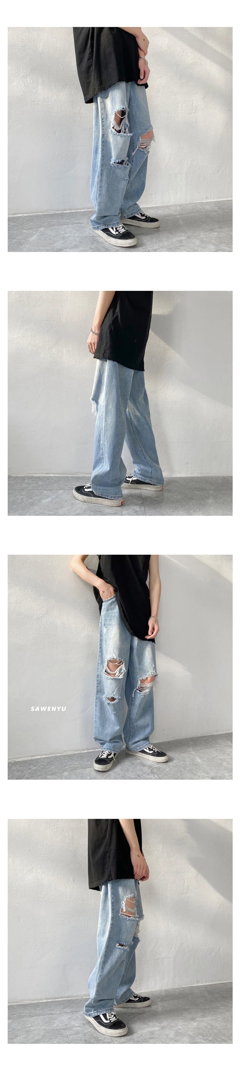 Herren Ripped Jeans 2025 - Summer Blue Loose Fit Hole Wide-leg Streetwear Denim