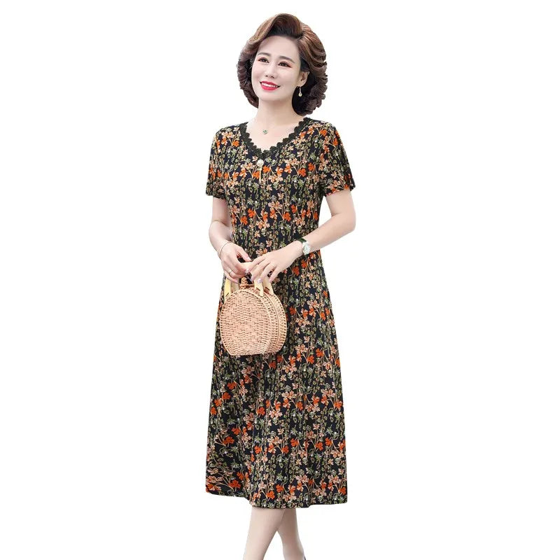 Elegant Women Dress Elegant Casual V-Neck Print Vintage Ladies Mid-Calf High Waist Summer Bohemian Dresses