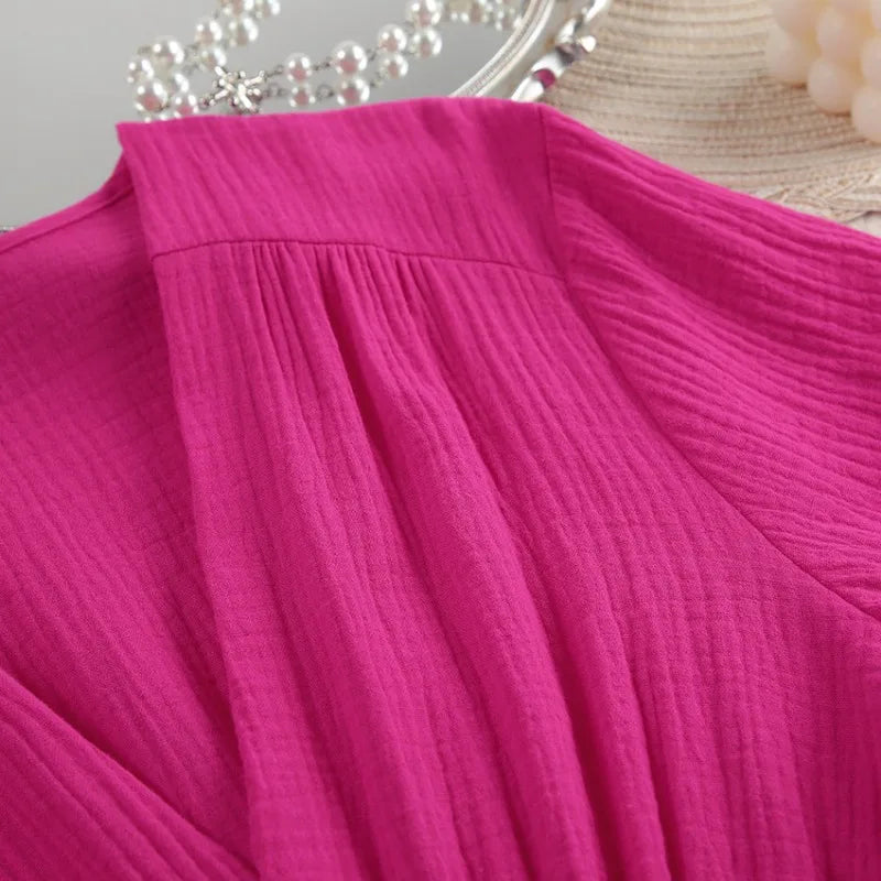 Rochii elegante pentru femei, 100% bumbac, muselină, mânecă lungă, decolteu în V, casual, petrecere, vacanță, plajă, alb, negru, halate, vestidos de mujer