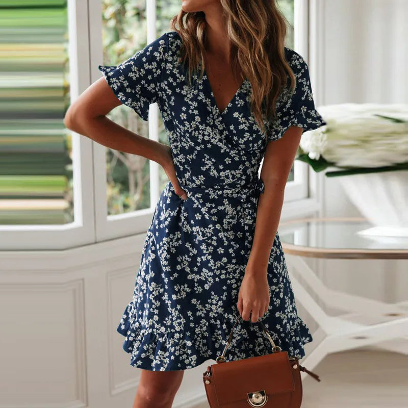 Boho Floral Print Ruffles Women Dress Summer Sexy V Neck Short Sleeve A Line Chiffon Mini Dresses Beach Vacation Sundress