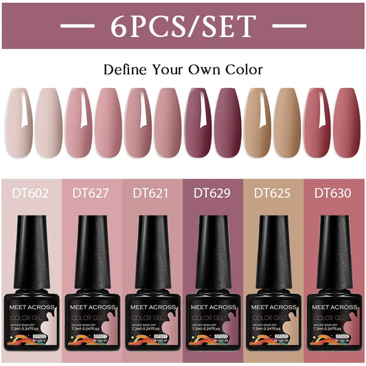 MEET ACROSS 6Pcs/Set 7.3ml Gel Nail Polish For Nails Nude Brown Semi Permanent Nail Art LED UV Gel Varnish Nail Supplies