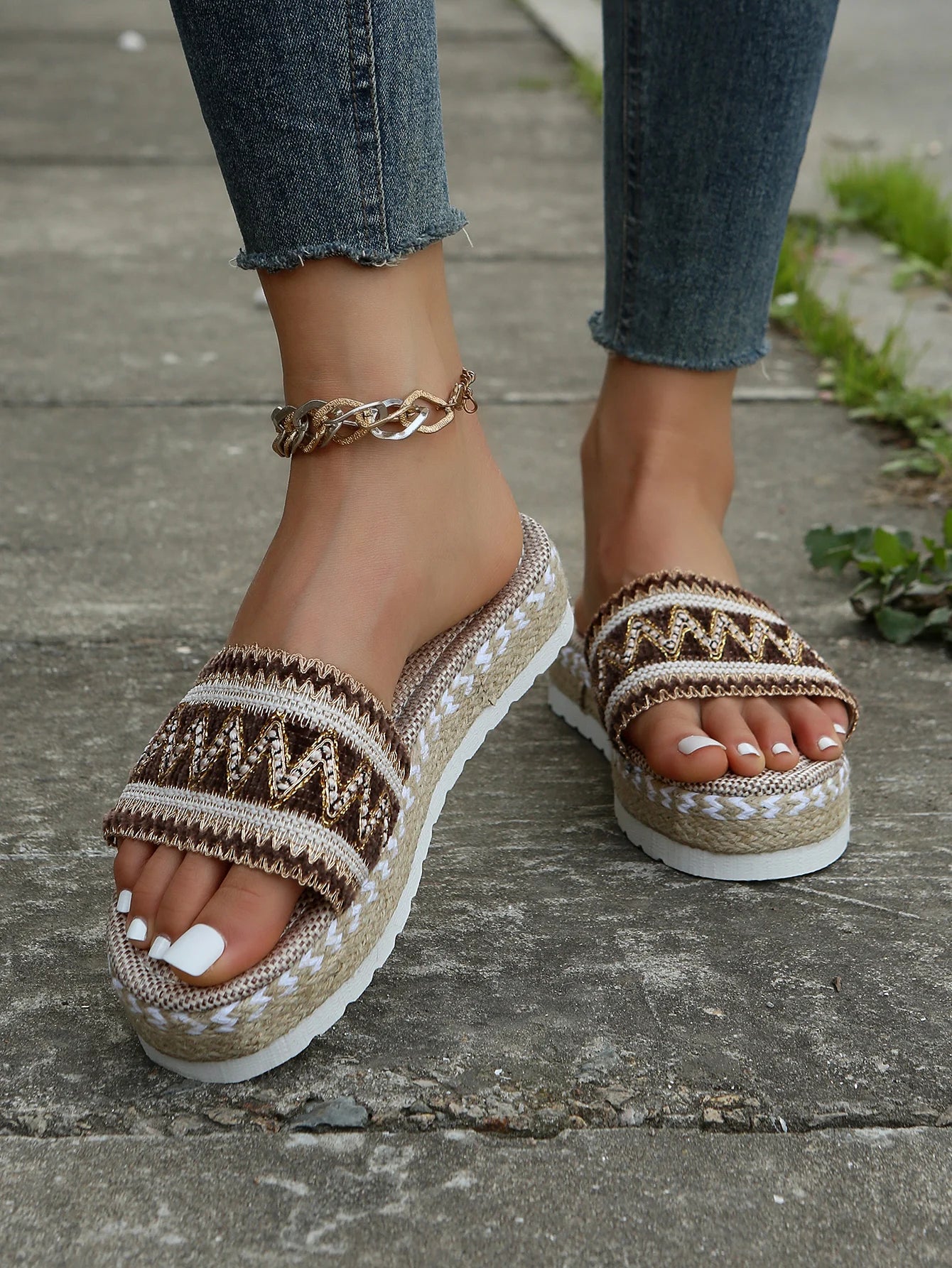Gewebte Damen Pantoletten Platform - Sommer Schuhe für Damen 2025 Neu - Strand Casual Absatz Sandalen Bohemian Handgemacht Espadrilles