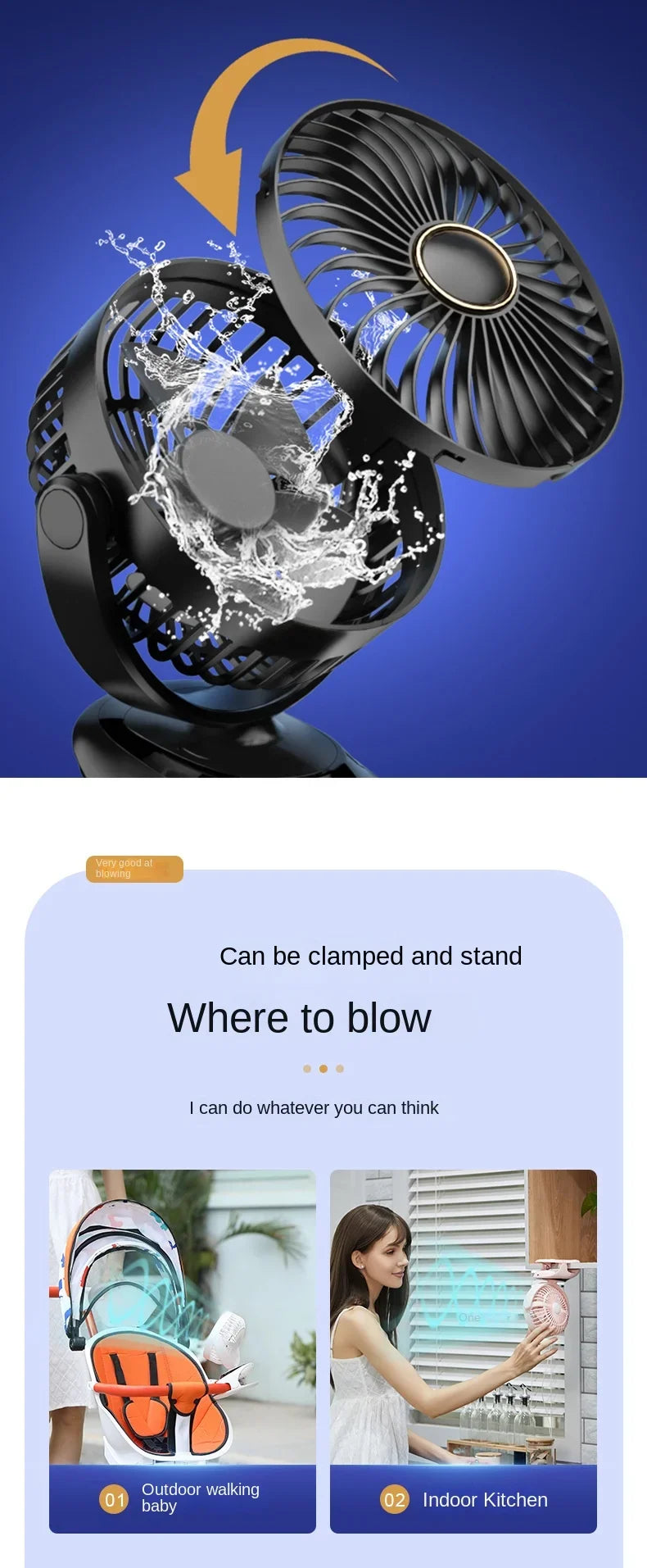 3000mAh Portable Clip Fans USB Rechargeable Wireless Handheld Desk Fan 90° Rotation Cooling 5 Speed Quiet Small Fan for Home