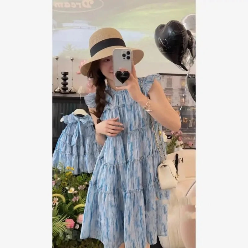 Neue Sommer Familie Matching Outfits Flare Ärmel Runder Kragen/Schulterlos Knielang Süß Kleid Für Tochter Mutter H6159