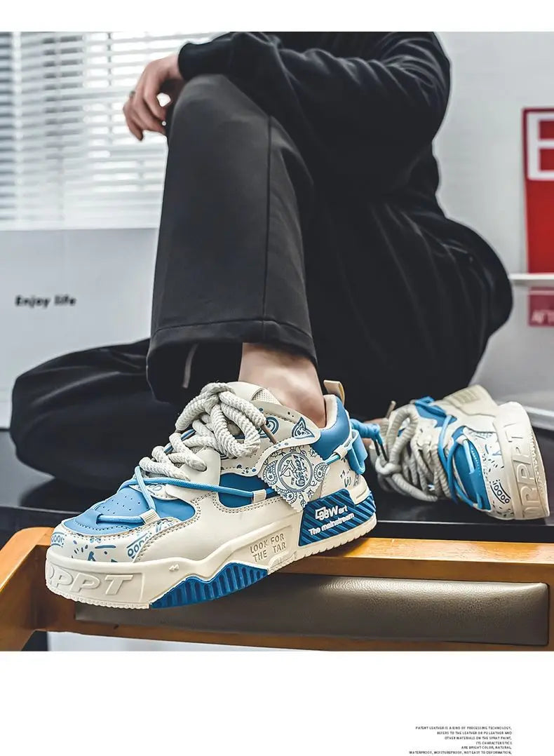 Mens Shoes 2025 Platform Sneakers New Trend Design Graffiti Skateboard Shoes Lace UP Soft Sole Non Slip Outdoor Sports Shoes