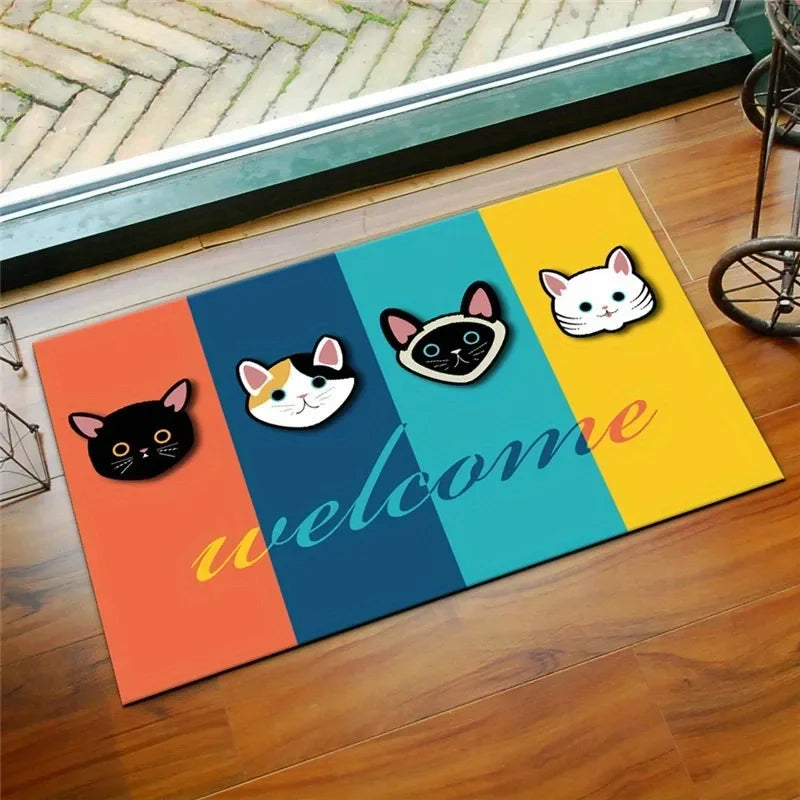 Cartoon Cat Pattern Mat Non-slip Easy To Clean Rug Wrinkle-Resistant Doormat Outdoor Entrance Floor Decorative Washable Carpet