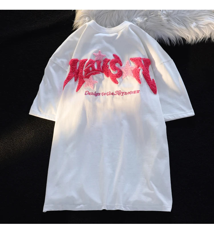 Embroidery Letter Fashion T-shirts for Women Summer 2024 American Vintage Women's Tee Shirt Fun Print Design Y2k Tops