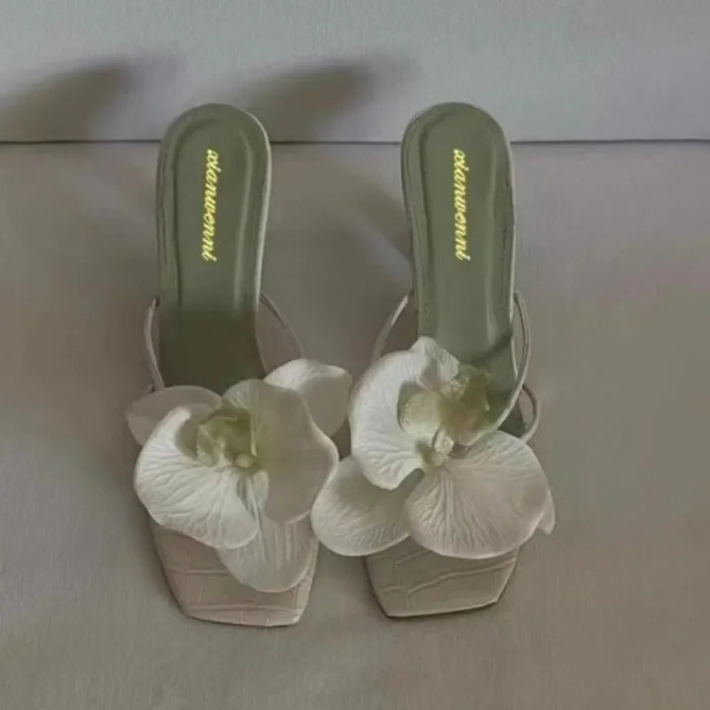 Brand Shoes Female 2025 Summer New Elegant Flowers Design Women's Slippers Casual Fashionable Outer Wear High Heel Slides Women