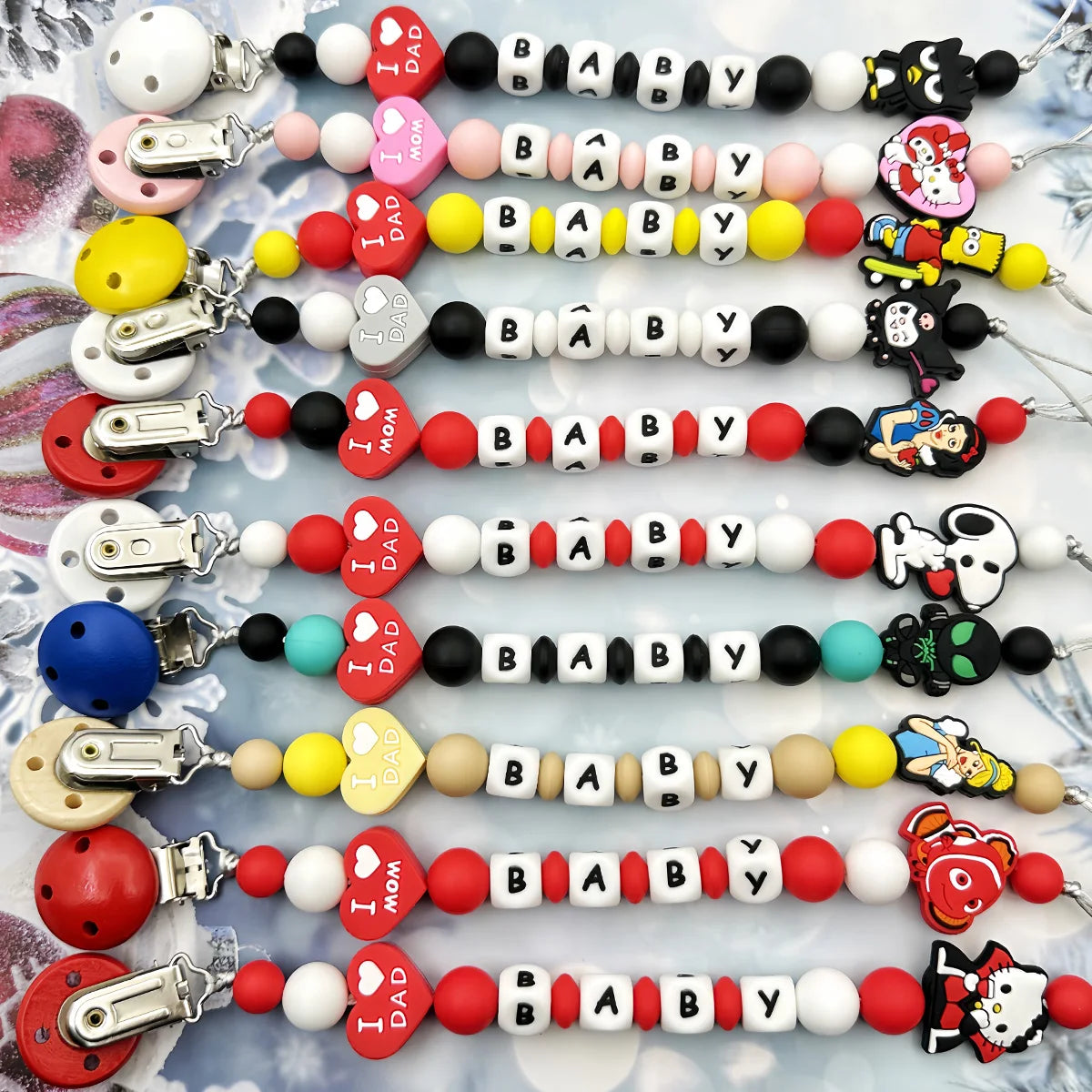 Lanț personalizat pentru suzetă cu nume - cleme din silicon cu litere englezești pentru bebeluși - suport pentru lanț, pandantiv pentru inel de dentiție, cadouri pentru bebeluși