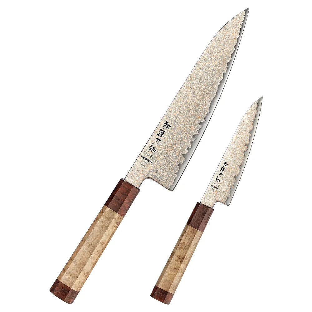 HEZHEN Set de cuțite 1-5 buc. Cuțit de bucătar din oțel Damasc, 37 de straturi, tricolor, cupru, mâner octogonal clasic, cuțite de bucătărie, cutie cadou