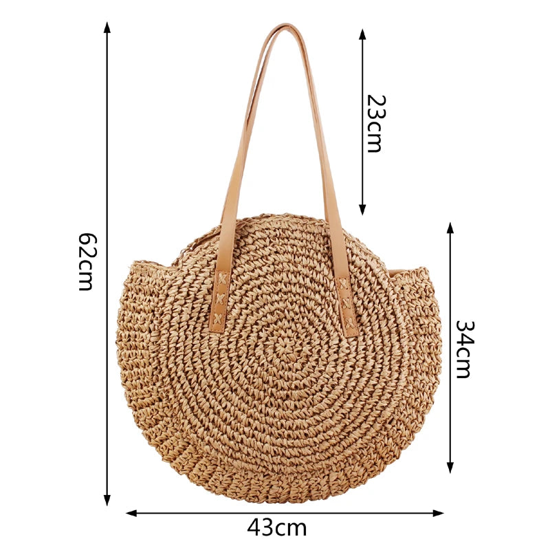 Round Straw Beach Bag Vintage Handmade Woven Shoulder Bag Raffia circle Rattan bags Bohemian Summer Vacation Casual Bags