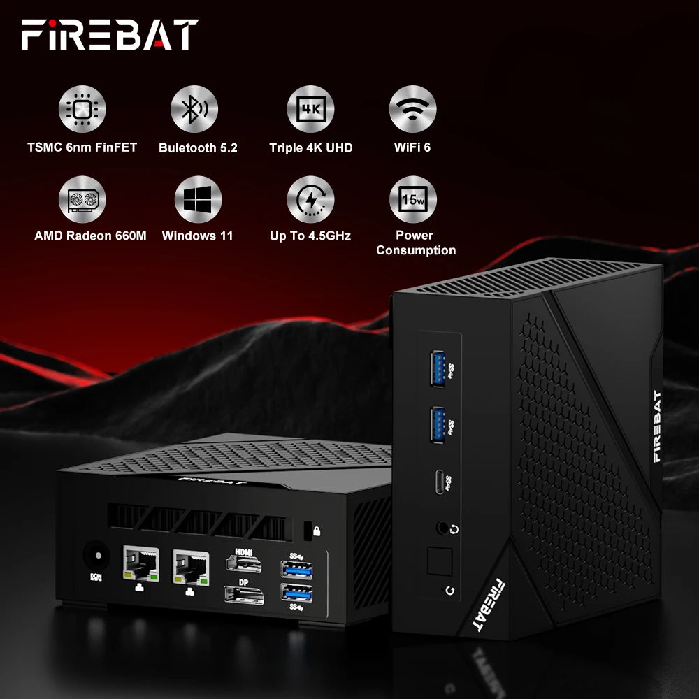 FIREBAT AM02 Mini PC AMD Ryzen 5 6600H - 16GB DDR5 RAM, 512GB SSD, WiFi 6, Bluetooth 5.2