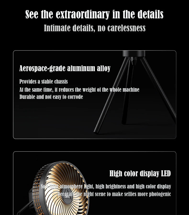 12000mAh Tripod Camping Fan Rechargeable Desktop Portable Circulator Wireless Ceiling Electric Fan with Power Bank LED Lighting