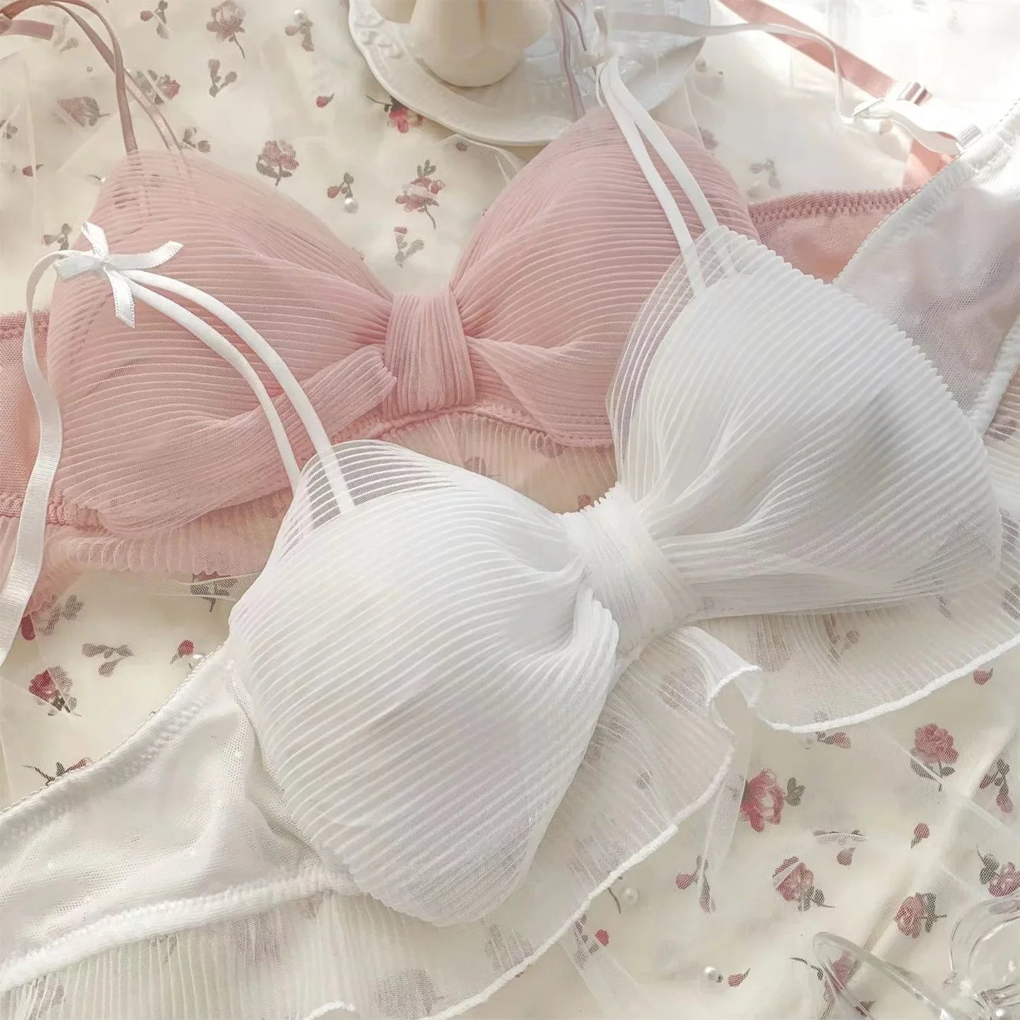 Lenjerie intimă elegantă japoneză dulce fără fir pentru fete, sutien confortabil, din dantelă și tul, bikini, push-up, sutien cu fundă