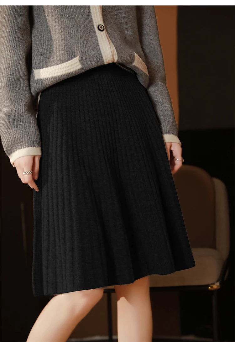 Fustă elegantă pentru femei, 100% lână, tricotată, modă coreeană, solidă, casual, linie A, plisată, scurtă, primăvară șic, talie înaltă, fustă