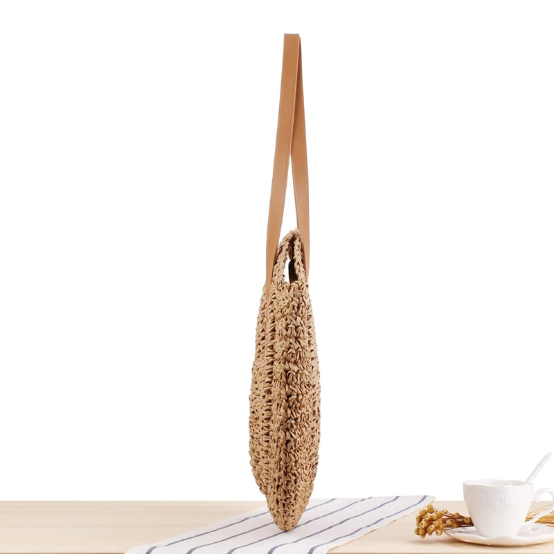 Round Straw Beach Bag Vintage Handmade Woven Shoulder Bag Raffia circle Rattan bags Bohemian Summer Vacation Casual Bags