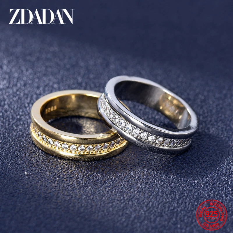 ZDADAN 925 Sterling Silver Double Layer Zircon Finger Ring For Women Girls Party Jewelry Gift