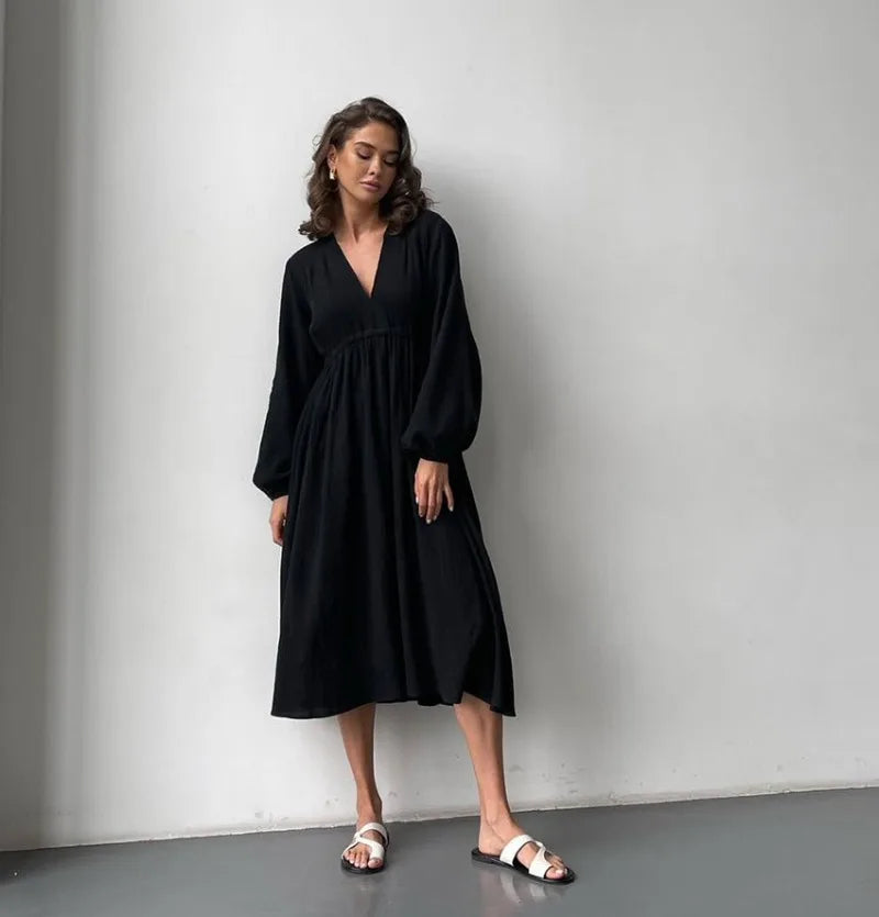 Elegant Dresses For Women 100% Cotton Muslin Long Sleeve V-neck Casual Party Holiday Beach White Black Robes Vestidos de Mujer