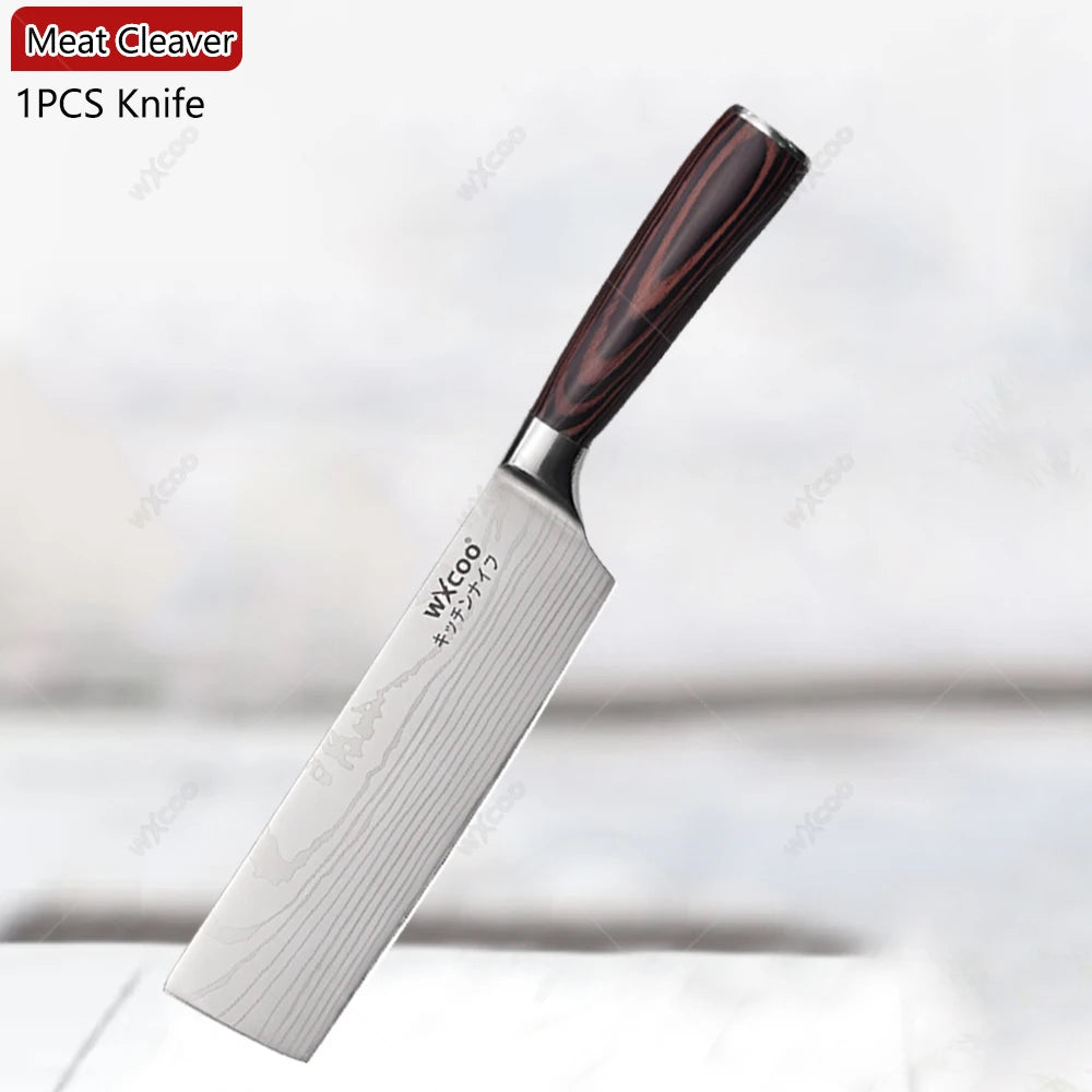 WXCOO Professional Kitchen Chef Knife Damascus Steel Laser Pattern Santoku Knife Double Side Magnetic Kitchen Knife Block