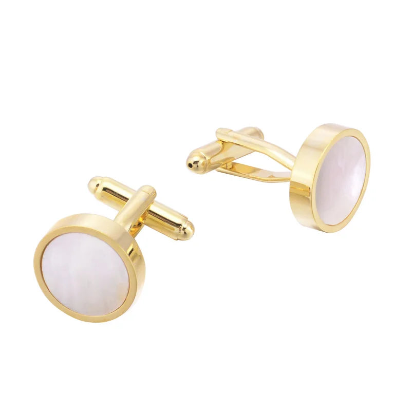 Hot Sale Gold Color Pearl Shell Cufflinks Lepton Stainless Steel Round Cufflink for Mens Wedding Business Cuffl Links Gemelos