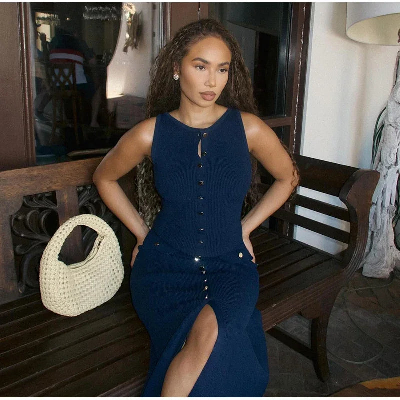 VEITCHEC Kleid Strick Ärmellos Elegant - Polyester Midi