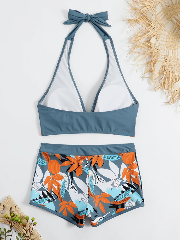 Halter Bikini Set Kurzer Schwimmanzug Frauen High Waist Bedruckte Bademode