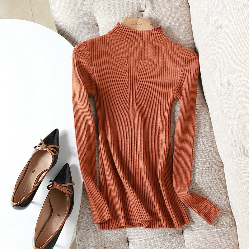 Pulover Livia cu guler înalt slim, cu nervuri - S-XL, mânecă lungă