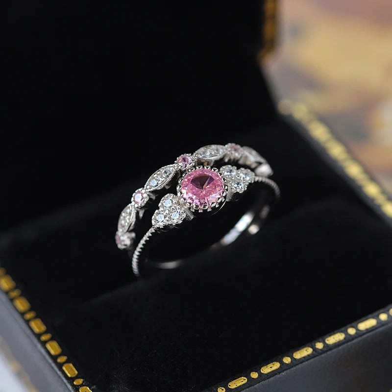 Inel personalizat stivuitor, inel dublu versatil din argint S925 autentic, zirconiu roz, la modă