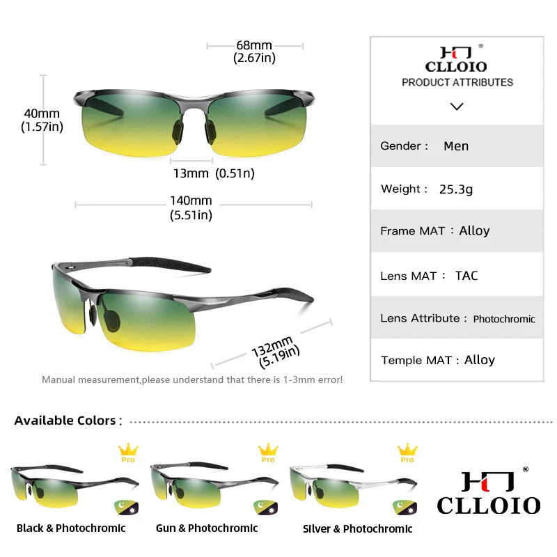 CLLOIO Aluminium Rimless Photochromic Day Night Vision Anti-Glare Glasses Men Polarized Driving Sunglasses Travel Fishing Goggle