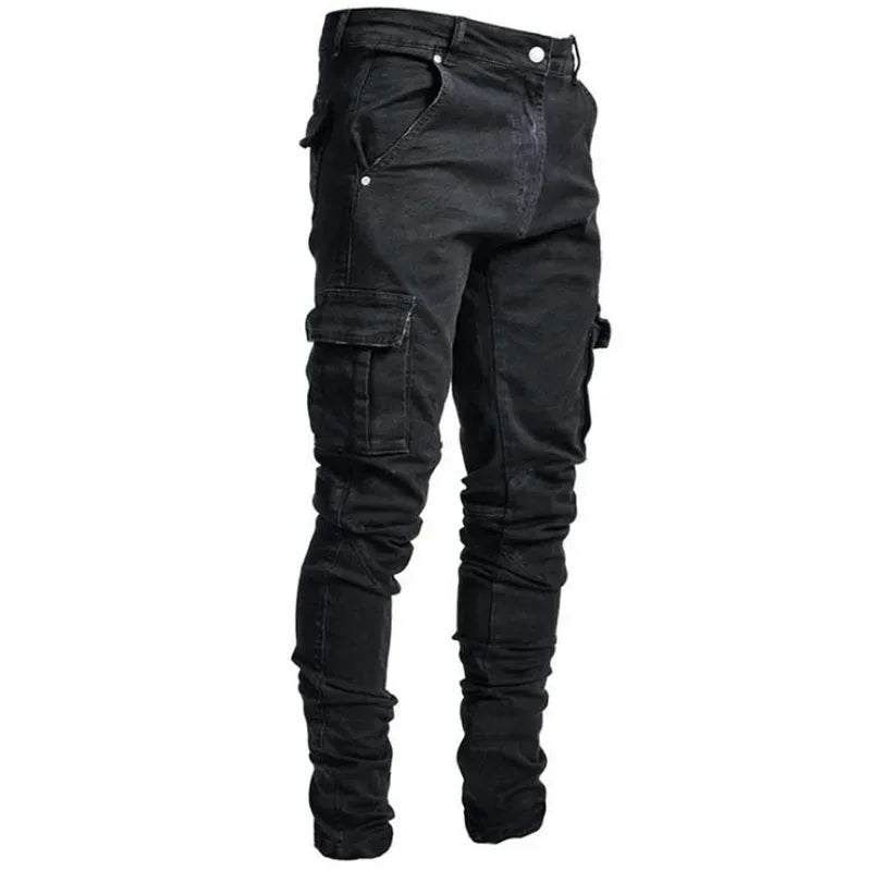 Jeans Men Black Cargo Pants Multi Pockets Denim Pantalones Blue Slim Fit Overol Hombre Fashion Casual Streetwear Trousers 3XL - Golden Bridge Store