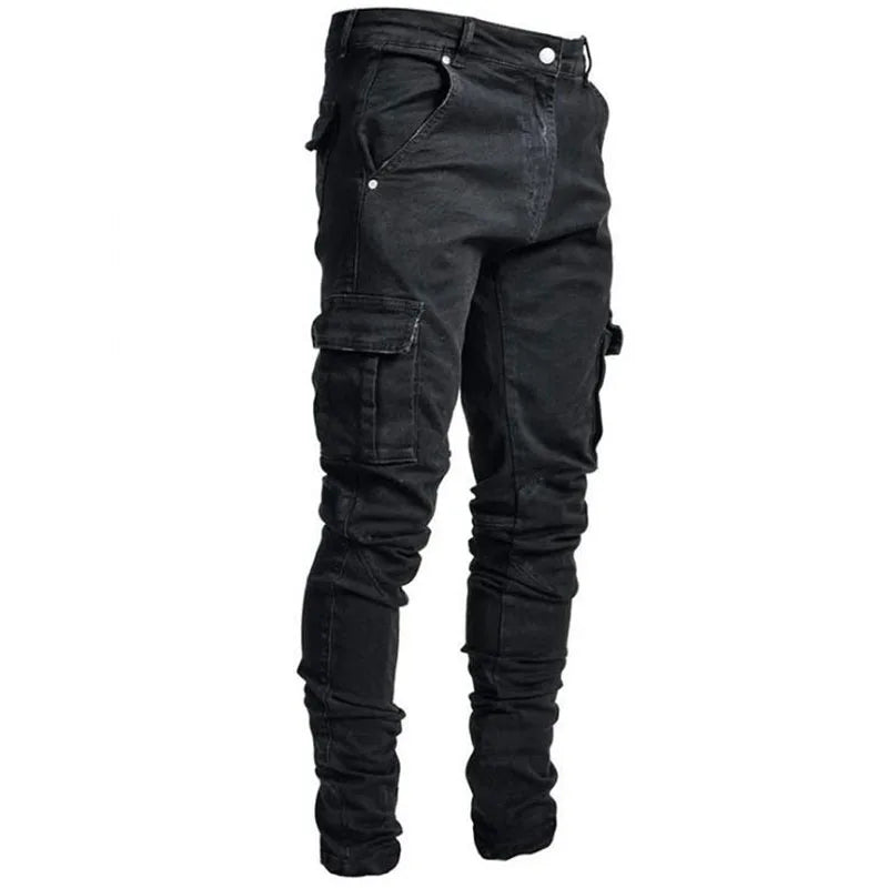 Jeans Men Black Cargo Pants Multi Pockets Denim Pantalones Blue Slim Fit  Overol Hombre Fashion Casual Streetwear Trousers 3XL