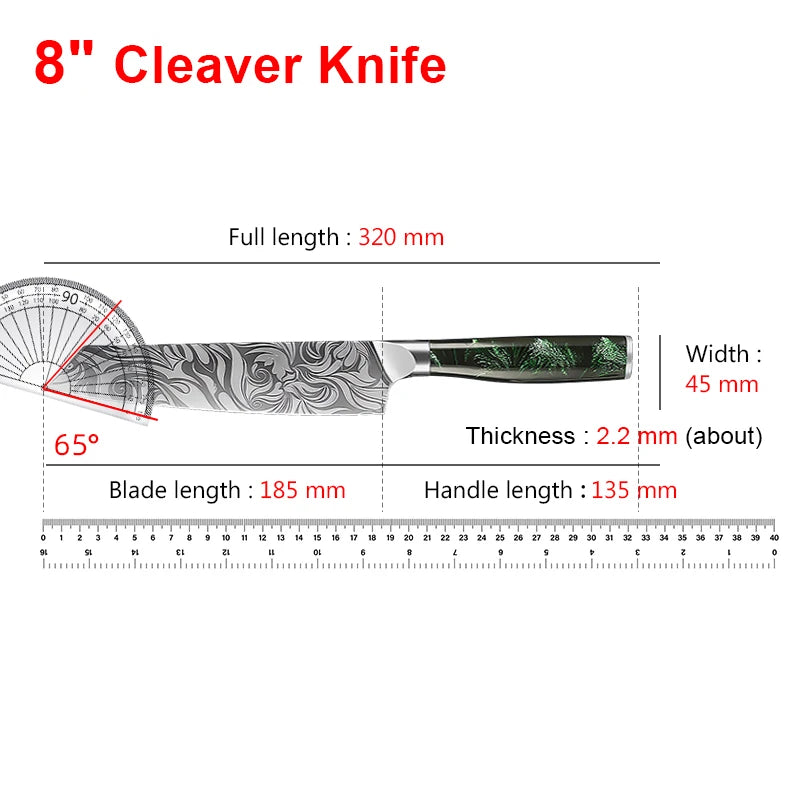 Super Sharp Damascus Pattern Kitchen Knife Set High Quality Chef Santoku Boning Paring Knife Series Green Resin Handle Nice Gift