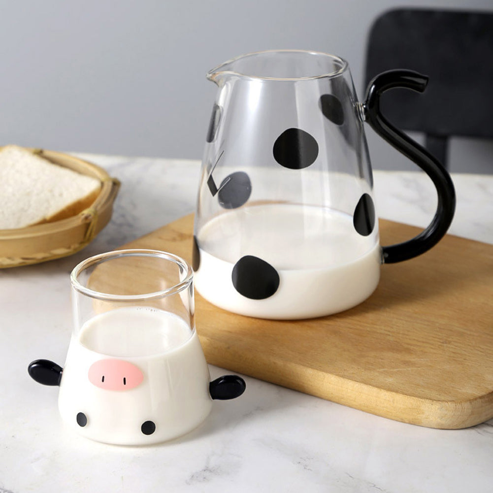 Glass Cold Water Kettle With Handle Lovely Cartoon Cow Cold Cup Flowering Teapot Milk Iced Beverage Bottle Jug Kitchen Supplies