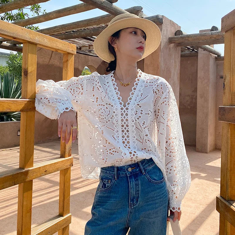 Floral Eyelet Embroidery White Blouse Women's Long Sleeve V-Neck Casual Cotton Shirt 2025 Spring/Summer New in Holiday Clothes
