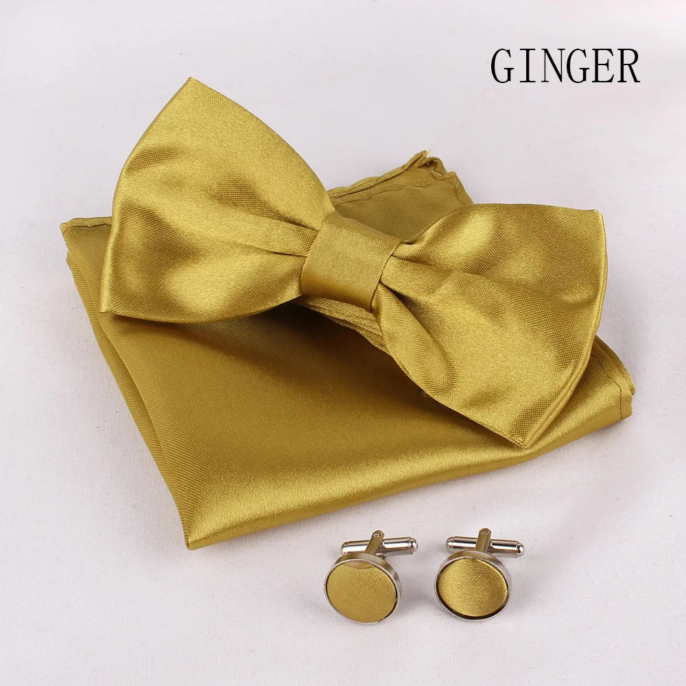 Solid Colors Polyester Adjustable Men's Accessory Set Elegant Pre-Tied Bow Tie Matching Pocket Square & Cufflinks for Wedding