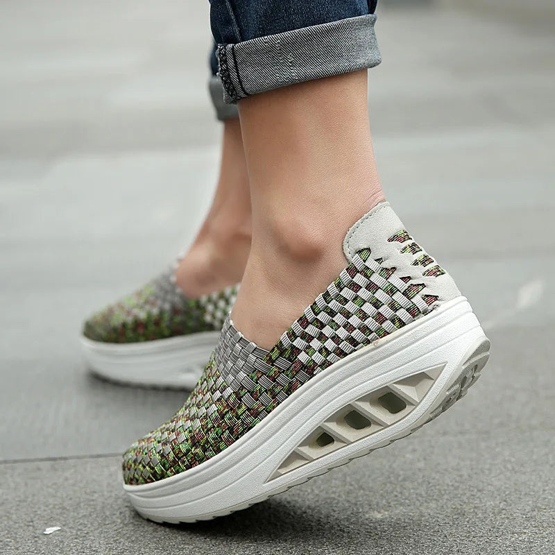 Zapatos De Mujer Sneakers Women's Mixed Color Woven Wedge Rocking Shoes Lightweight Non-slip Breathable Loafers Chaussure Femmes