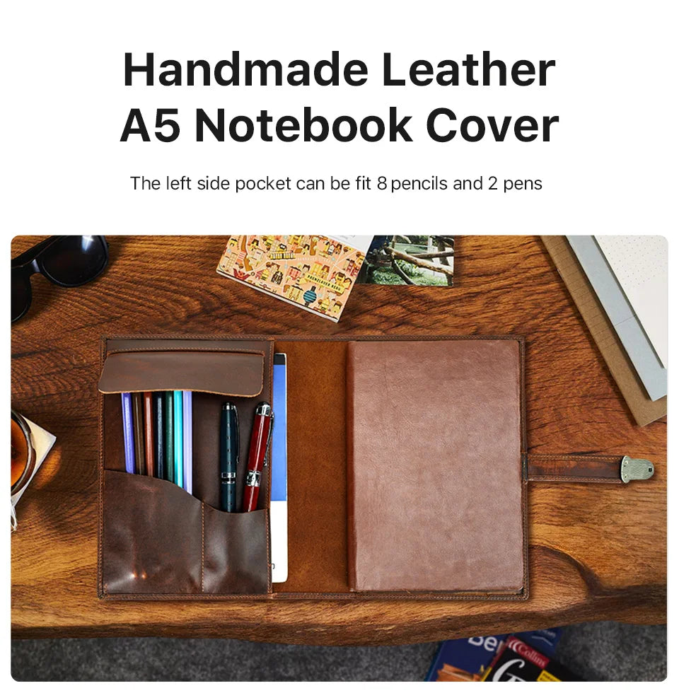 Luxury Retro Genuine Leather Notebook A5 Cover Case with Pen Holder Metal Buckle Journal Office Diary Travel Handmade Sketchbook