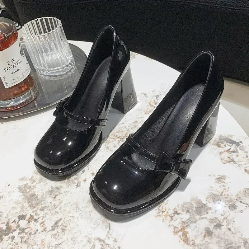 Elegant Heel Shoes Ladies 8cm High Heel Bowknot Solid Mary Jane Zapatos Adult Dress Pink White Black Cosplay Footwear
