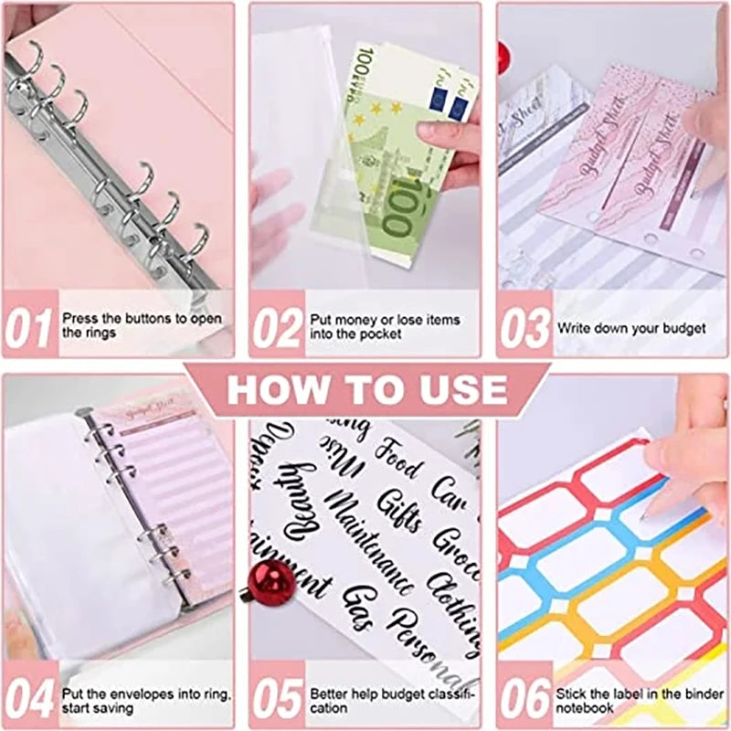 Caiet din piele PU A6 2025 - Organizator de planificator DIY cu 8 buzunare, foi de buget, școală