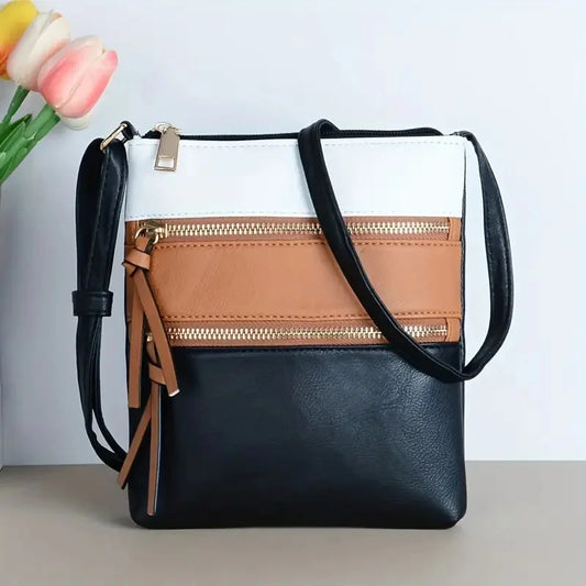 Geantă crossbody pătrată în culori contrastante, poșetă texturată din piele PU, geantă de umăr clasică și versatilă la modă pentru femei, utilizată zilnic