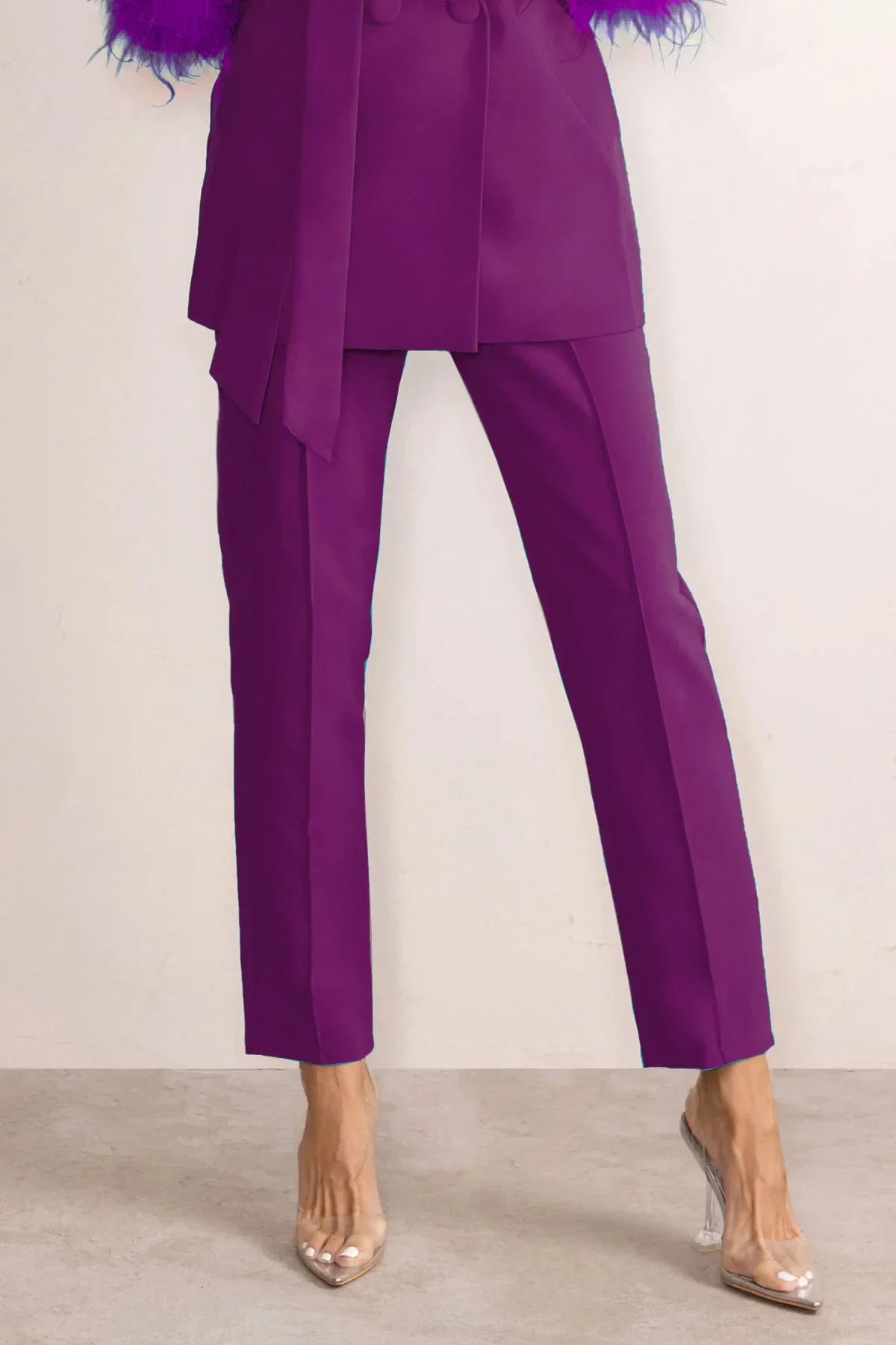 Femei elegante 2 piese set solid cristat guler blazer fermoar pantaloni lungi pene palton costum doamnelor toamna iarna birou ținute