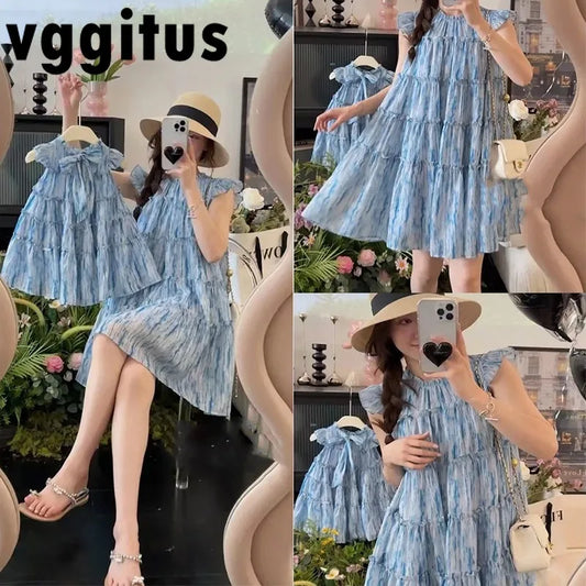 Rochie drăguță de vară pentru familie, asortată, cu mâneci evazate, guler rotund/fără umeri, lungime genunchi, pentru fiică-mamă, H6159